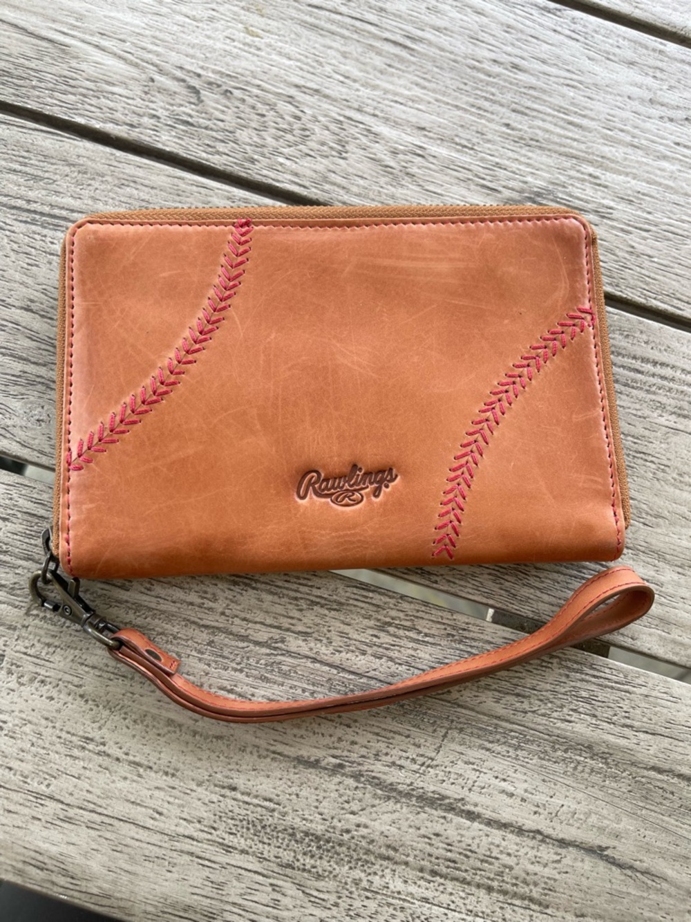 Rawlings Baseball Tan Leather Phone Holder Wallet Wristlet with Red Stitching